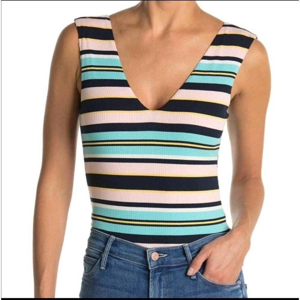 AFRM Striped Sleeveless Ribbed V-Neck Bodysuit Colorful Pink Blue M NWT